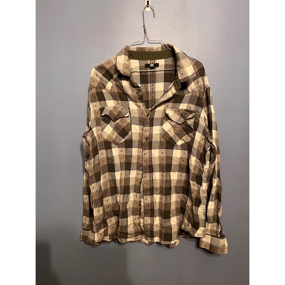 Frye And Co. Flannel Long Sleeve Button Down Olive Green & Cream Plaid Size XL